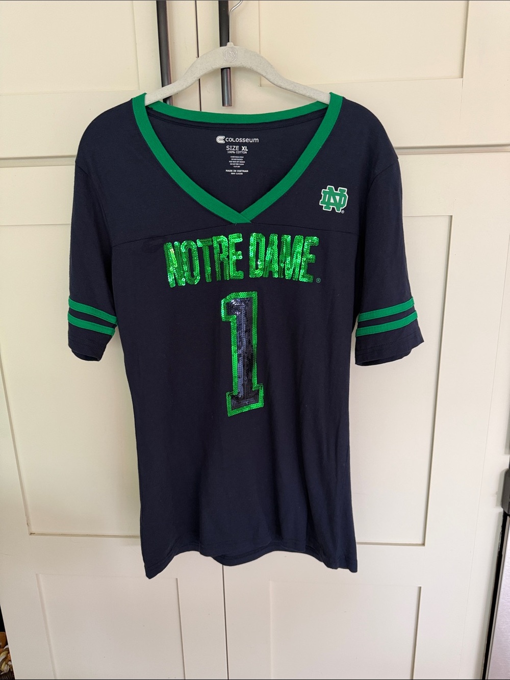 Notre Dame Fighting Irish Navy & Green Sequin Number Tee